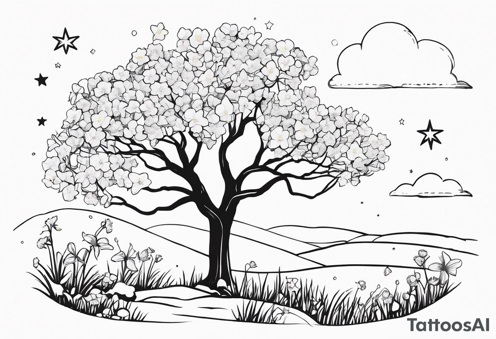 Winter sky, stars, violets, primroses, daffodil, jonquil, snow, oak tree tattoo idea