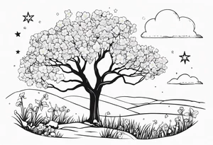 Winter sky, stars, violets, primroses, daffodil, jonquil, snow, oak tree tattoo idea