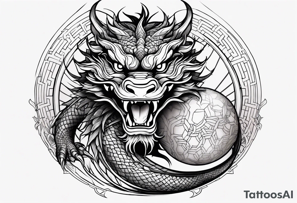 Fierce Chinese dragon black outline full body holding orb tattoo idea