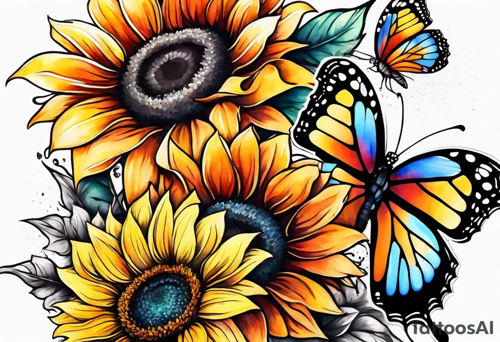 Multi color sunflowers with a butterfly and cross arm sleeve tattoo idea