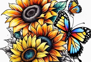 Multi color sunflowers with a butterfly and cross arm sleeve tattoo idea
