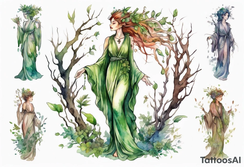 a beautiful dryad wearing a long robe tattoo idea