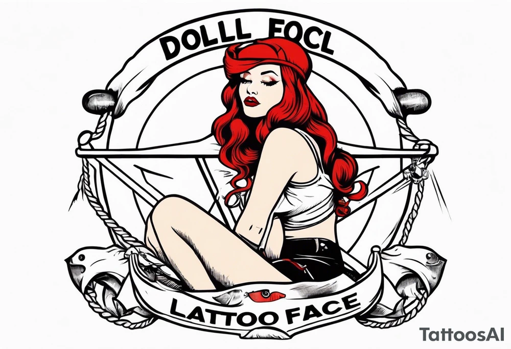 red head pin up girl sitting on an anchor with a banner winding around her that says doll face tattoo idea