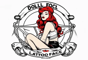 red head pin up girl sitting on an anchor with a banner winding around her that says doll face tattoo idea
