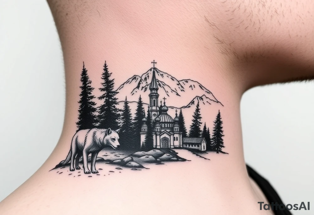 Nature/Landscape

Wolves in a pine forest (extending the tree line you already have)
A Russian bear emerging from the treeline
Snow-capped mountains behind the church scene tattoo idea