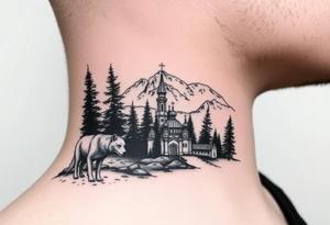 Nature/Landscape

Wolves in a pine forest (extending the tree line you already have)
A Russian bear emerging from the treeline
Snow-capped mountains behind the church scene tattoo idea