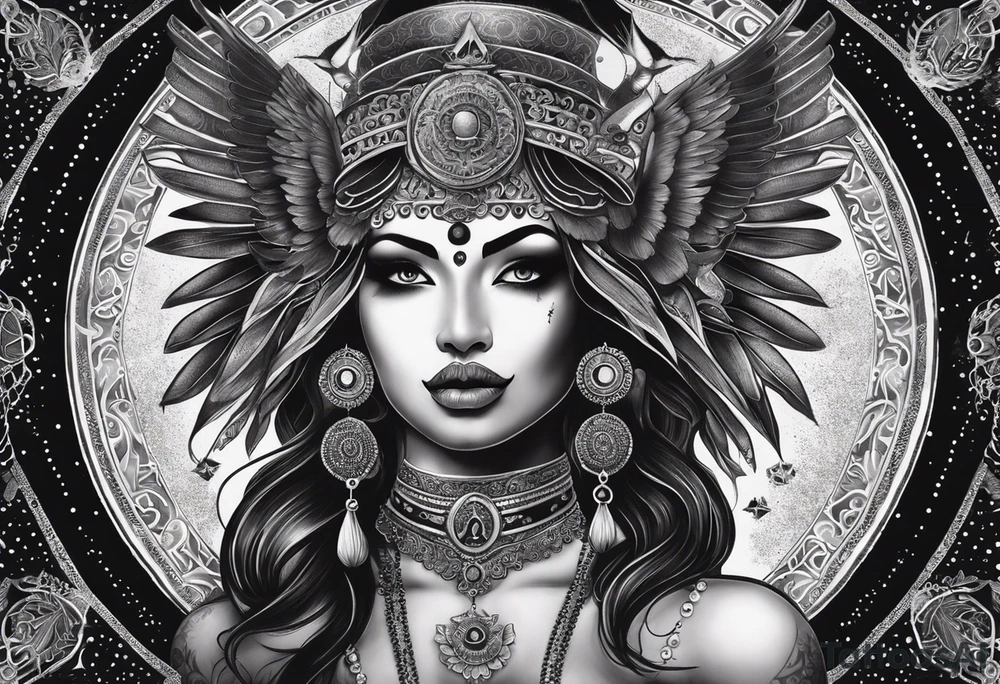 black kali, goddess pirate, alien, angel, pachamama, valkrye, warrior, flying, skull, lotus azul, wing, eagle, zenza resonance, stars, 5D, anahata chakra, death, durga, riding on a tiger, flying lady, kundalini, chest tatoo, samuri, rebel, serpent tattoo idea