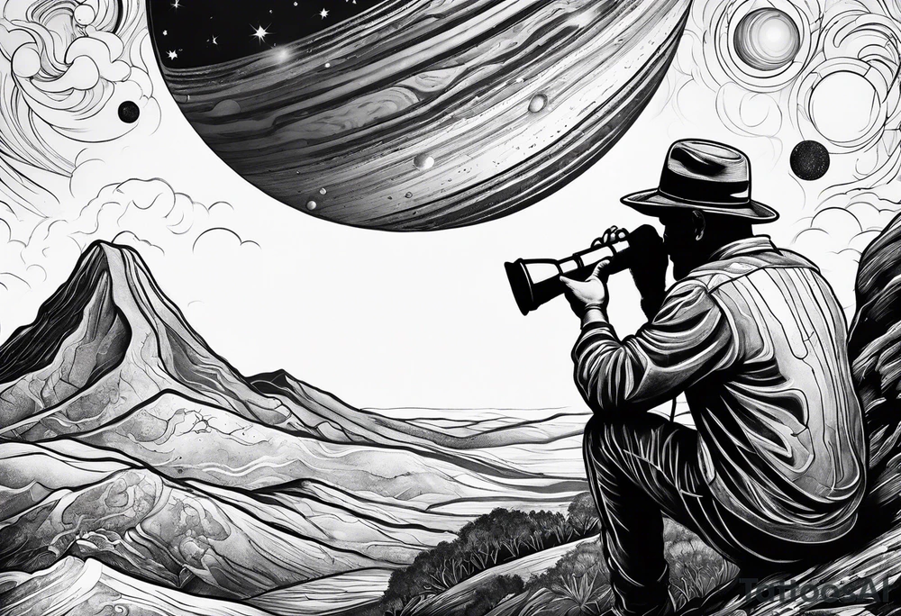 rock painting of a man with a telescope observing Saturn tattoo idea