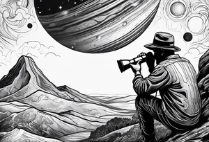rock painting of a man with a telescope observing Saturn tattoo idea