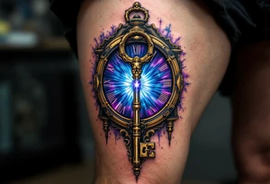 A skeleton key inserted into an antique clock, unlocking a radiant burst of blue and purple energy, symbolizing fate and destiny. tattoo idea