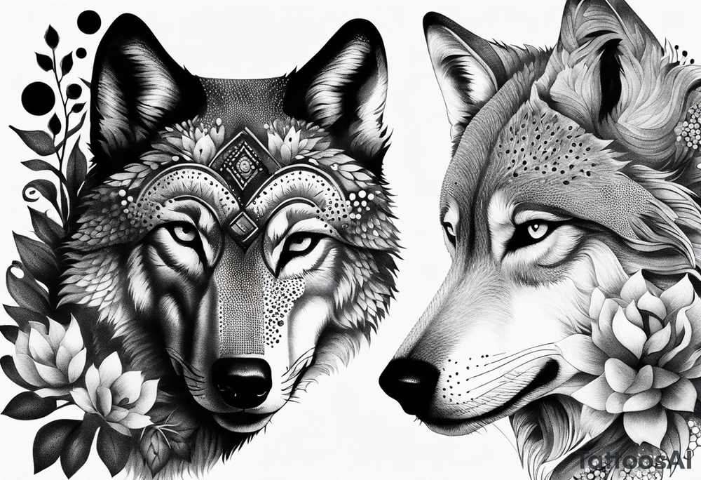 floral wolf tattoo idea