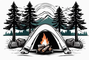 Campground with onr small tent and small fire pit with smoke pillowing out of it. three large pine trees being the focus in the background. tattoo idea