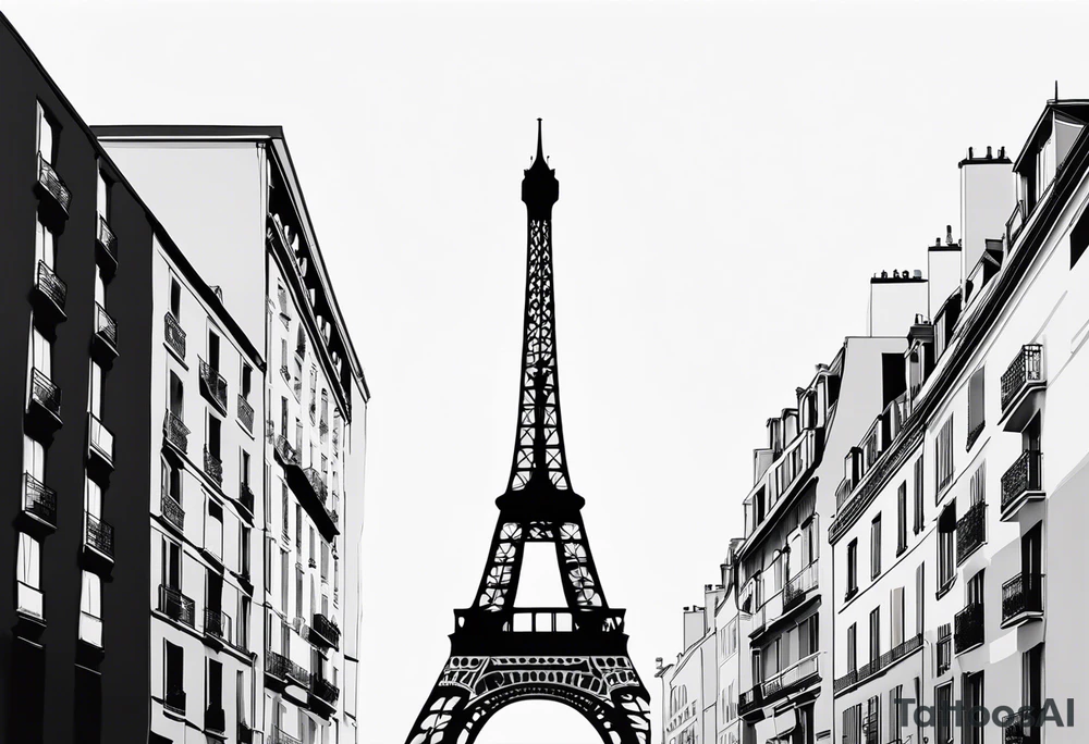 A black-and-white silhouette of the Eiffel Tower, framed within the shape of a guitar. The guitar's body is represented with bold, flowing lines, forming the outline of the instrument in solid black, creating a striking contrast against the white background. The Eiffel Tower itself is depicted in clean, sharp lines, standing tall and centered inside the guitar, with intricate details of its lattice structure. Negative space plays a key role in the composition, highlighting the seamless fusion of the two iconic symbols. The background remains stark white, drawing focus to the unique combination of music and architecture, with no gradients or additional shading. The overall effect is minimalistic yet dynamic, evoking a sense of conceptual art and visual harmony. tattoo idea