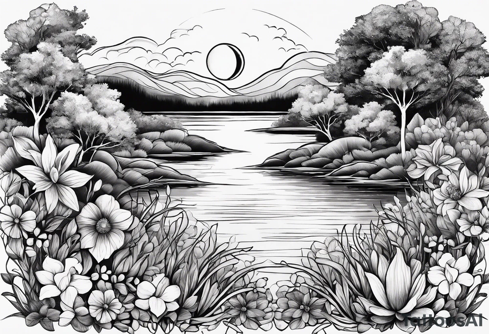 Secret, hidden garden, flowers, lake, daylight moon, more flowers love tattoo idea