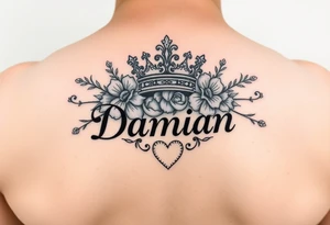 Name Damian, with crown, flowers and hearts tattoo idea