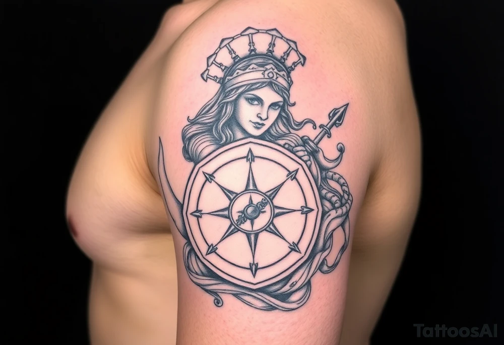 Athena goddess of war and wisdom with her Medusa shield and spear as a women’s sleeve tattoo idea