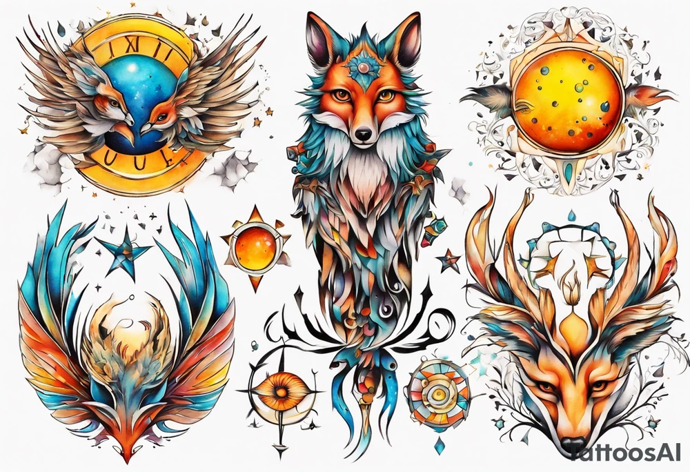 fisch, fuchs und eule , symetrie  sonne, universum, bunt, " sapere aude" tattoo idea