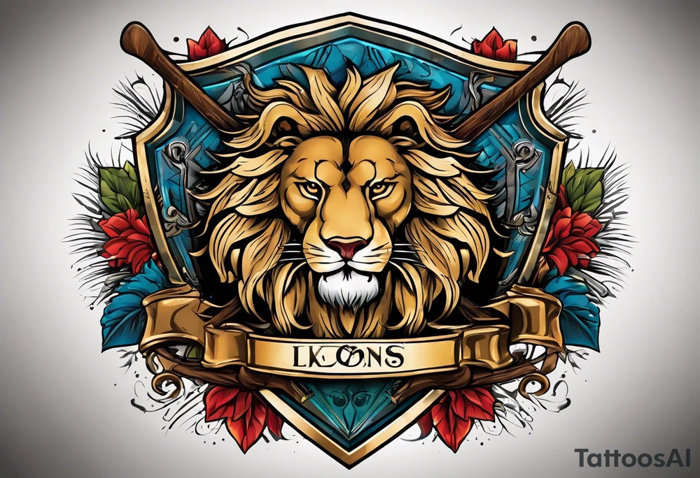 snow skis crossed like an x with a shield in front of them and the swanson crest on the shield being held up by two lions on the left and right side tattoo idea