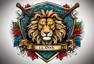 snow skis crossed like an x with a shield in front of them and the swanson crest on the shield being held up by two lions on the left and right side tattoo idea