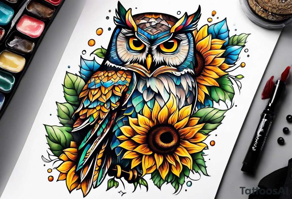 Leg sleeve with colorful sunflowers and an owl tattoo idea