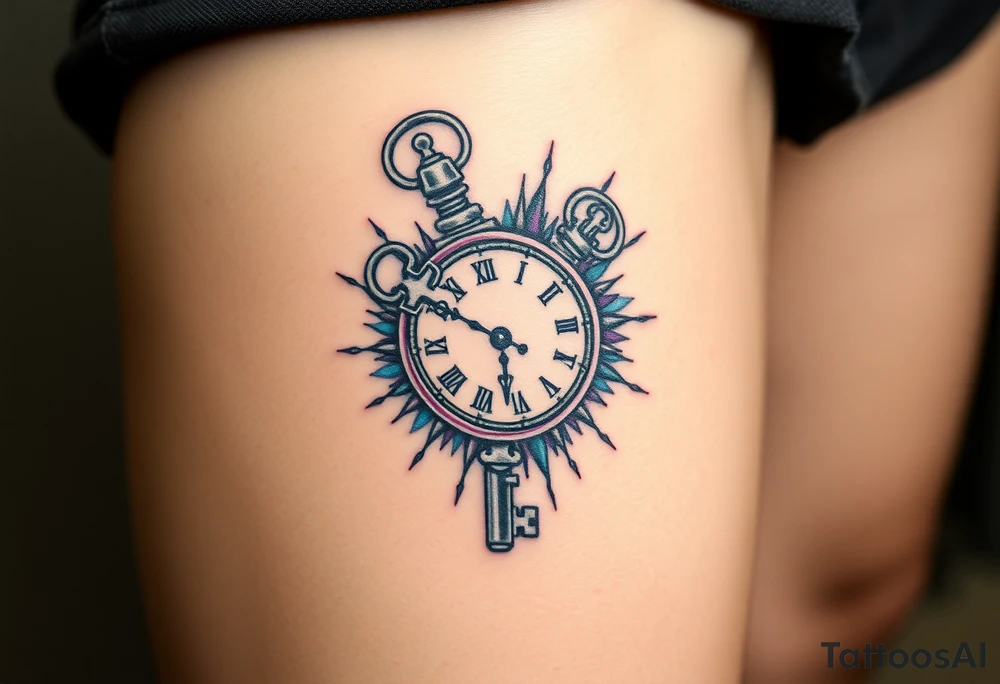 A skeleton key inserted into an antique clock, unlocking a burst of blue and purple tattoo idea