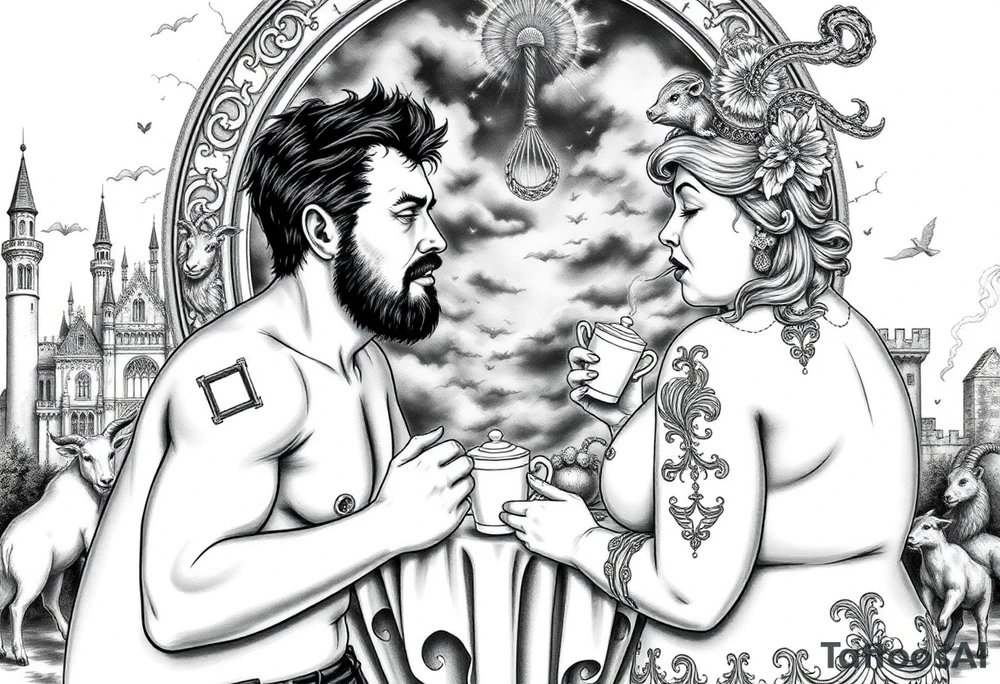 Naked Man and fat woman having sex eating cupcakes and  fruit  having sexy naked fat lady having a tea party with tea pots  with medieval castle  
with mystical  aries a pigs, peacock,  lion, goat, noose and smoking cigerettes looking in the mirror thru storm clouds and broken hearts and darkness and wrath, envy , gluttony, greed, sloth, pride . Gothic tattoo idea