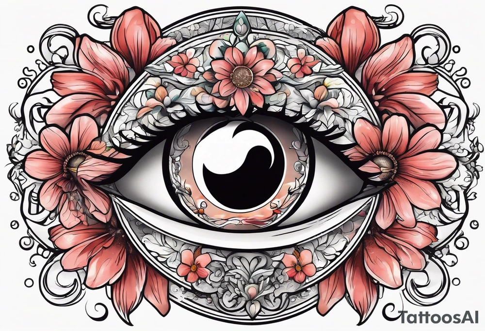 Heart with an eye in it surrounded by flowers and yin Yang tattoo idea