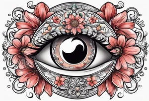 Heart with an eye in it surrounded by flowers and yin Yang tattoo idea