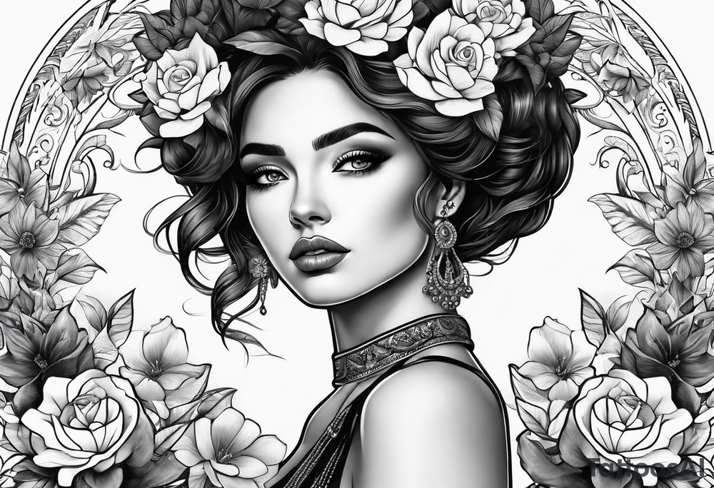 Powerful women’s face with flowers around tattoo idea Powerful women’s face with flowers around tattoo idea