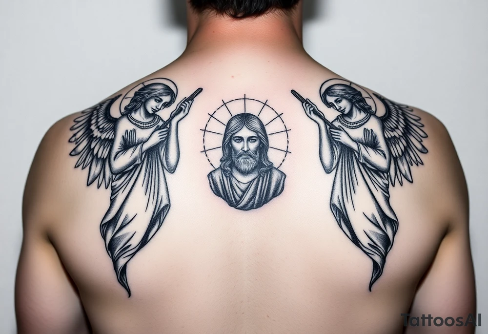 russian orthodox symmetrical guardian angel icon on left and right side of back with both angels holding up a jesus potrait tattoo idea