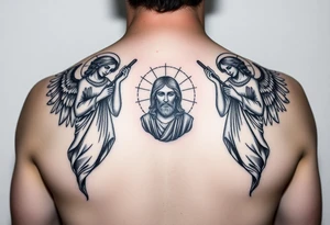 russian orthodox symmetrical guardian angel icon on left and right side of back with both angels holding up a jesus potrait tattoo idea