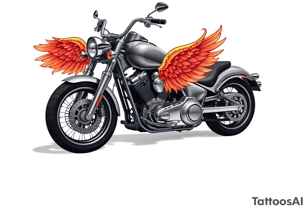 Low rider grey motorcycle, big muffler pipes with flames, angel wings tattoo idea