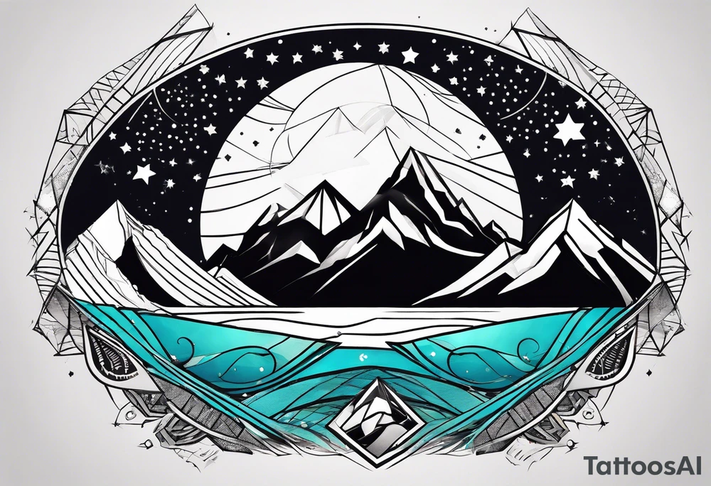 Mountain one Peak, sea waves, space with two littel coloured Stars, geometrical Forms, circle, diamond surrounding scenery with dashed lines overlapping tattoo idea