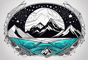 Mountain one Peak, sea waves, space with two littel coloured Stars, geometrical Forms, circle, diamond surrounding scenery with dashed lines overlapping tattoo idea