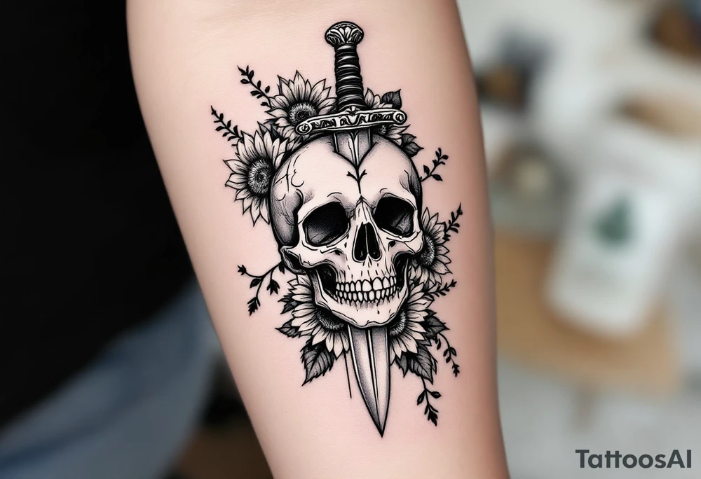 Skull, heart piercing a dagger with roses and sunflowers tattoo idea
