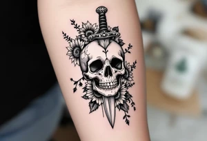Skull, heart piercing a dagger with roses and sunflowers tattoo idea
