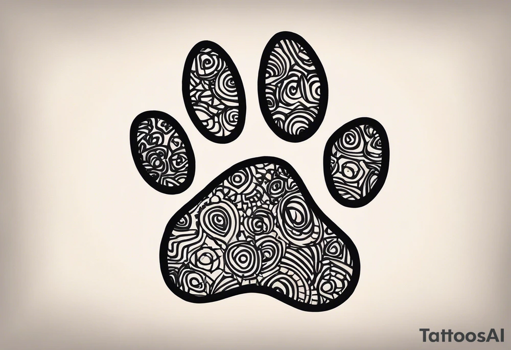 Here’s the translation:

"Create a tattoo. A dog paw. Inside the dog paw, include the autism puzzle piece and the PTSD ribbon only once. Outside the paw, use a minimalist, square, and abstract style. The style of the tattoo should be minimalist, abstract, dotwork, watercolor, and fineline." tattoo idea