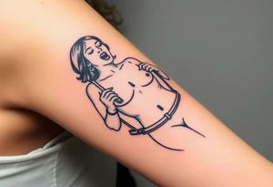 Naked Woman in restraints, with her mouth held agape and a penis entering tattoo idea