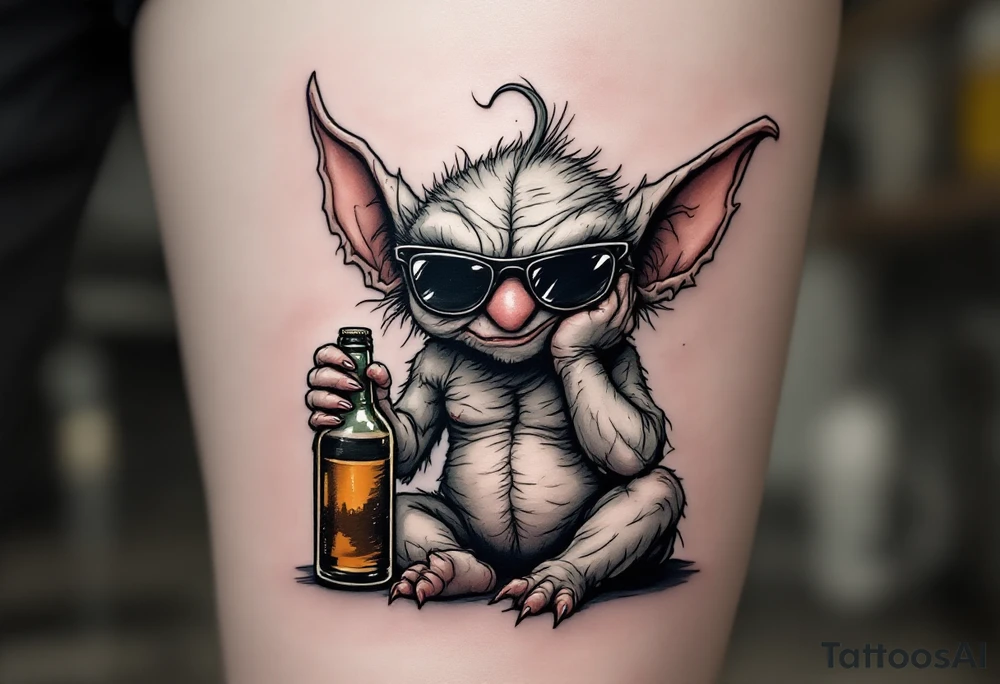 Hangover Gremlin – A funny, disheveled creature sitting with a half-empty beer bottle, wearing sunglasses and holding its head. Pale skin, reddish nose, and tired gray-green color palette. tattoo idea