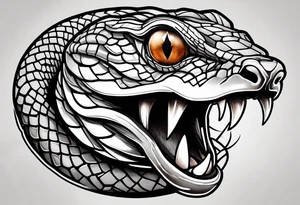 Copperhead with just the head turned up and mouth open, two fangs, black and white drawing with copper colored eye tattoo idea