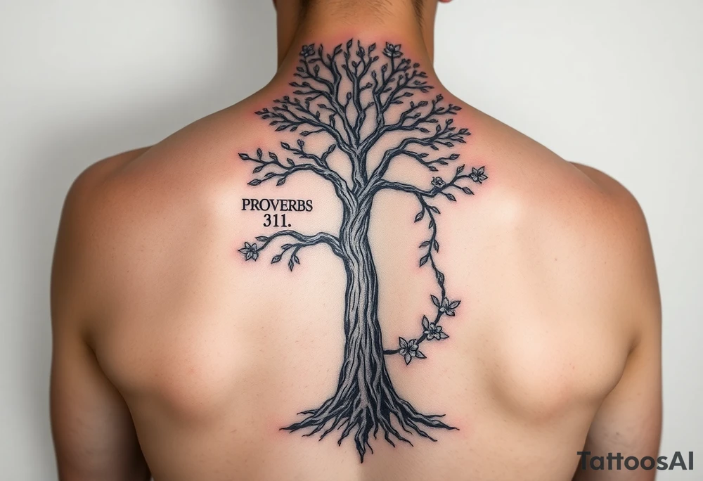 back tattoo with proverbs 31 with tree of life woman tattoo woman’s body as the trunk with no head  with roots and branches from neck with  small flowers from a few branches tattoo idea