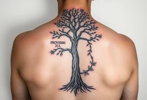 back tattoo with proverbs 31 with tree of life woman tattoo woman’s body as the trunk with no head  with roots and branches from neck with  small flowers from a few branches tattoo idea
