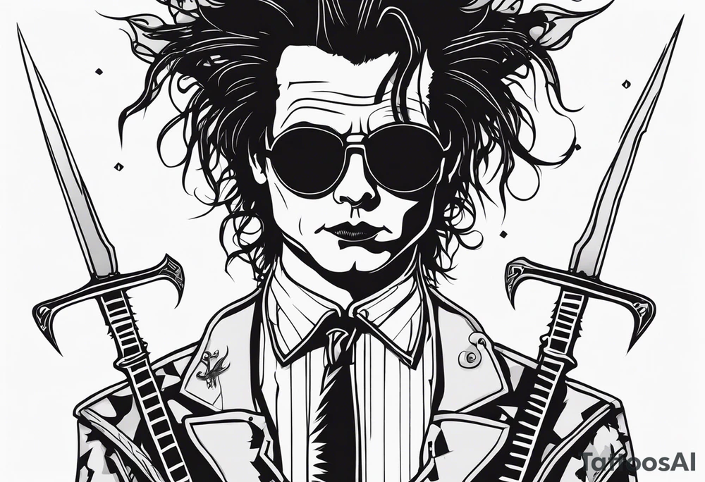 Edward Scissorhands no background, full body looking sad tattoo idea