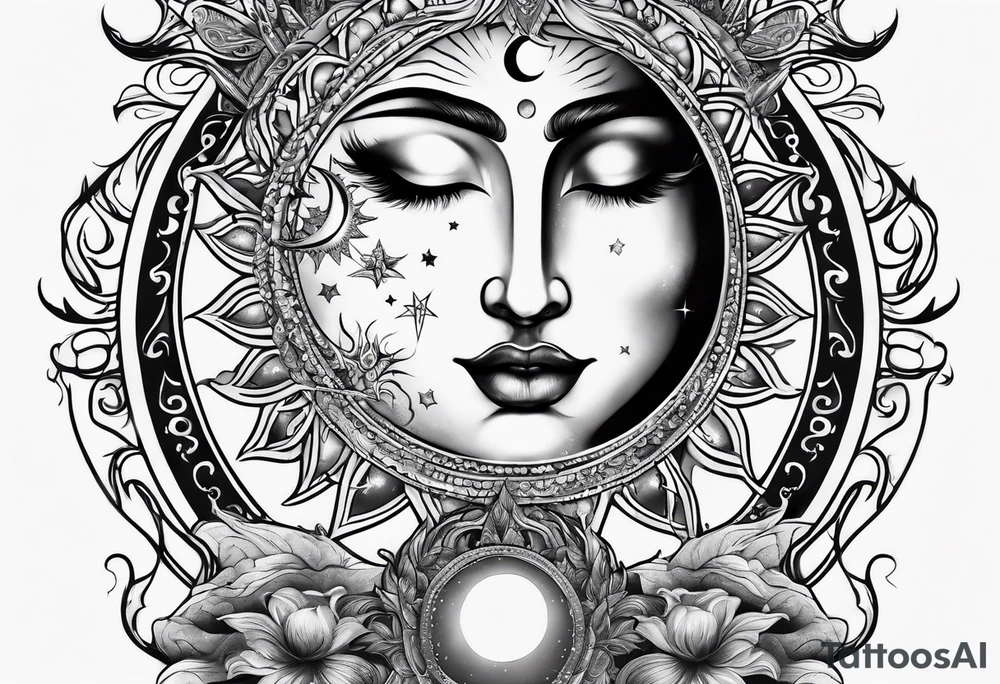 Twin flame with moon and sun tattoo idea