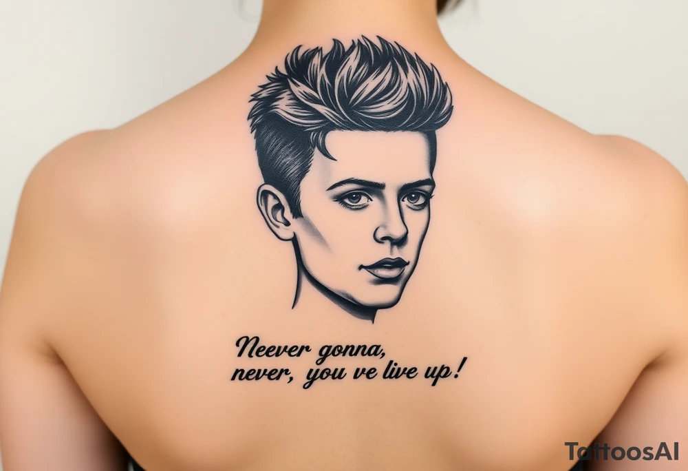 Young Rick Astley Face with Never Gonna Give You Up text tattoo idea