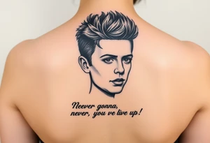 Young Rick Astley Face with Never Gonna Give You Up text tattoo idea