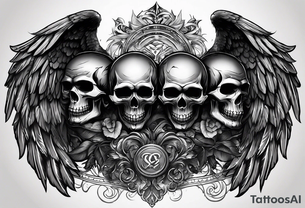 See no evil hear no evil speak no evil  skulls go down the back with angel wings wrapped around the skulls tattoo idea