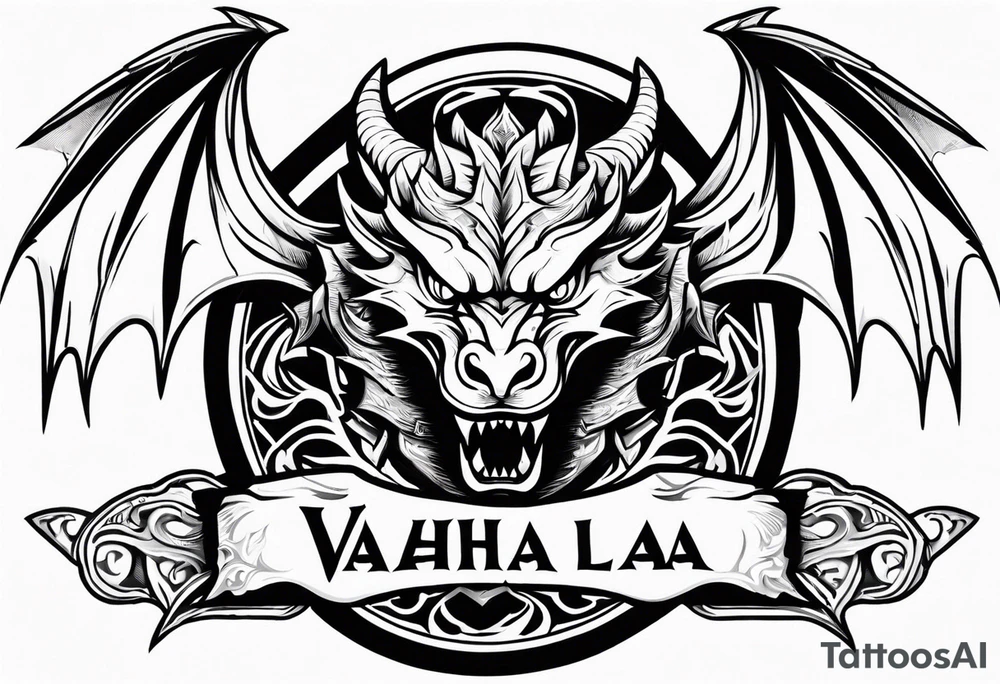 Valhalla sword shield dragon head axe tattoo idea