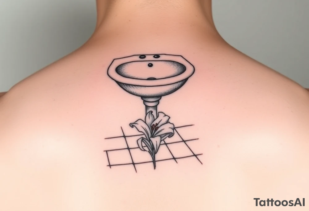 bathroom sink on tile floor with lily coming up out of the floor tattoo idea