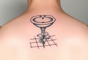 bathroom sink on tile floor with lily coming up out of the floor tattoo idea